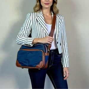 Vintage Navy and Brown Crossbody 60s 70s mid century modern mod camera bag tote